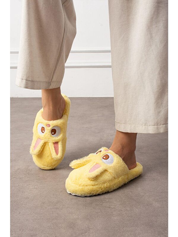 My Tavşan Nakışlı Kadın Ev Terliği Pelüş Terlik Çeyiz ve Bohça Terliği Ses Yapmaz Kalın Taban - Görsel 5