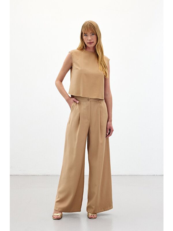 SATEEN Geniş Paça Pantolon - Camel