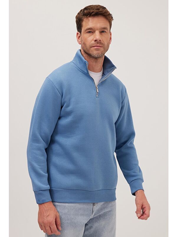TUDORS Unisex Relax Fit Rahat Kesim Pamuklu İçi Polarlı Yarım Fermuarlı Petrol Mavi Dik Yaka Sweatshirt