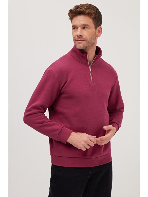TUDORS Unisex Relax Fit Rahat Kesim Pamuklu İçi Polarlı Yarım Fermuarlı Fuşya Dik Yaka Sweatshirt