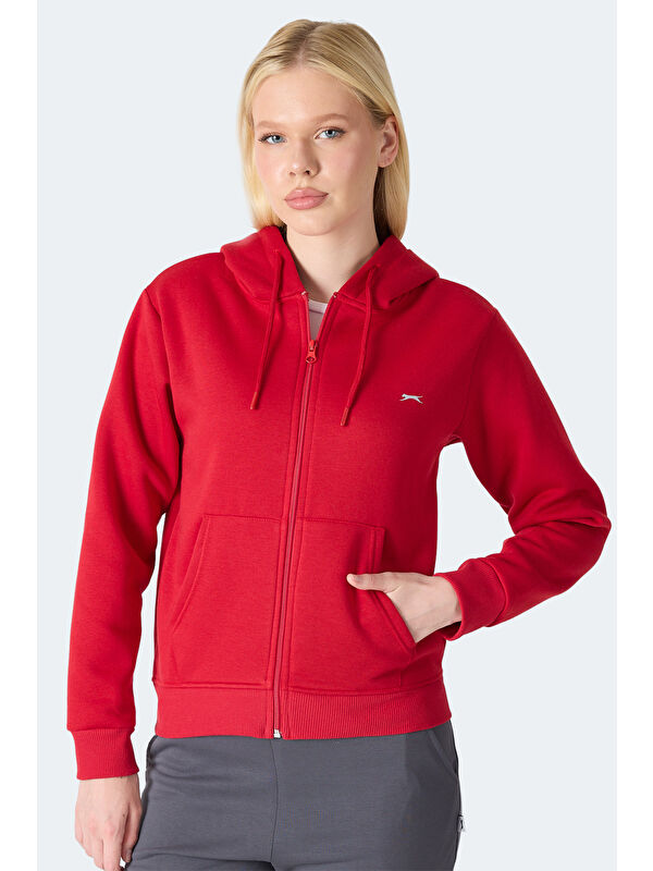 SLAZENGER MILIO I Kadın Fermuarlı Kapüşonlu Cepli Kırmızı Sweatshırt