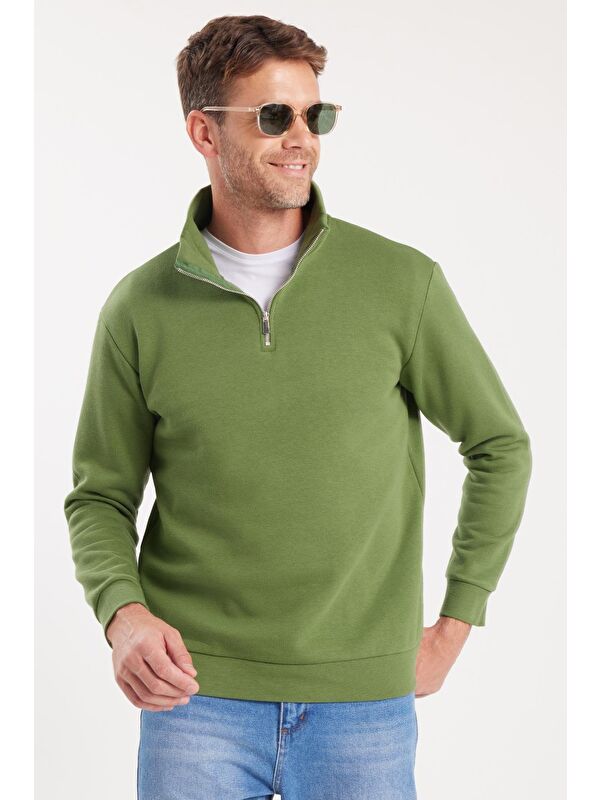 TUDORS Unisex Relax Fit Rahat Kesim Pamuklu İçi Polarlı Yarım Fermuarlı Yeşil Dik Yaka Sweatshirt