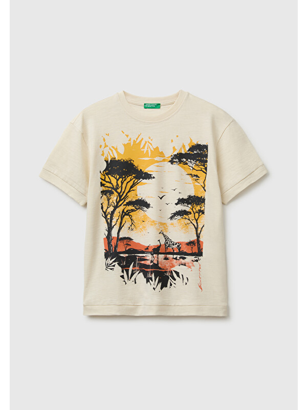 United Colors Of Benetton Erkek Çocuk Krem Önü Baskı Detaylı Bisiklet Yaka T-Shirt