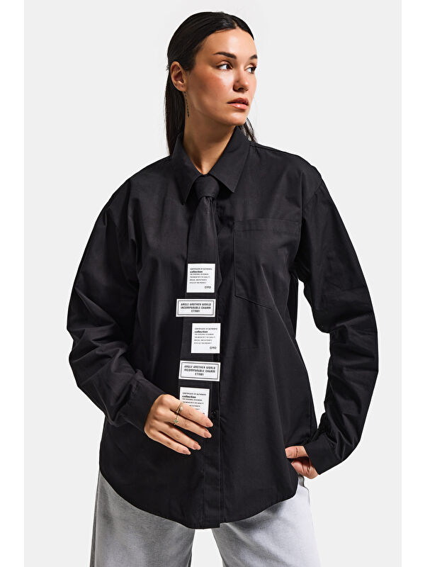 It's Basic Kadın Siyah Renk Oversize Kravatlı Özel Tasarım Bol Kesim Gömlek