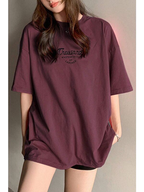 Trendseninle Kadın BORDO Bisiklet Yaka Thousand Baskılı Oversize T Shirt