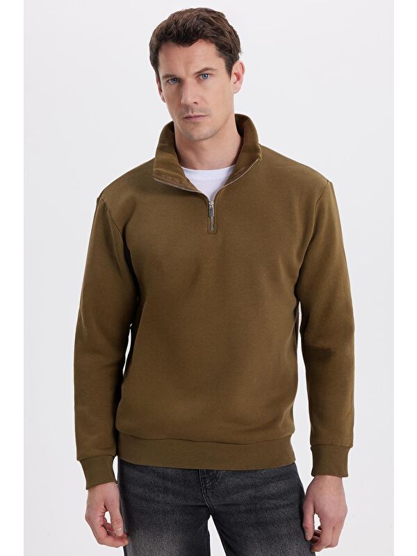 TUDORS Unisex Relax Fit Rahat Kesim Pamuklu İçi Polarlı Yarım Fermuarlı Yeşil Dik Yaka Sweatshirt
