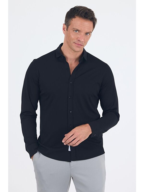 İMZA Siyah Uzun Kol Düz Örme Polo Yaka Cepsiz Esnek Classic Slim Fit Gömlek 1004250153_001