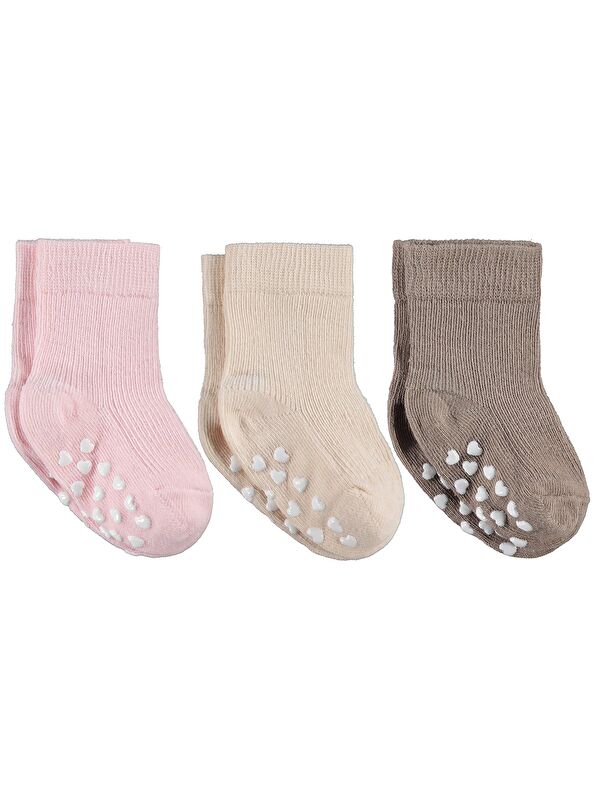 Civil Baby Kaydırmaz Kalp Baskı 3'lü 6-18 Ay Bebek Kız Çorap Set - Standart