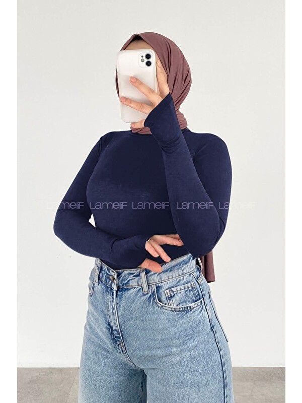 Lamelif Eldiven Detaylı Balıkçı Yaka Body Lacivert