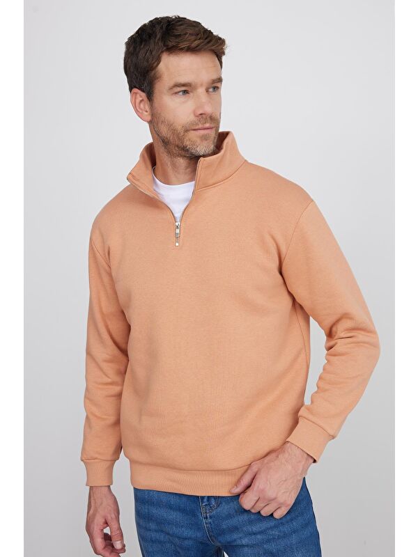 TUDORS Unisex Relax Fit Rahat Kesim Pamuklu İçi Polarlı Yarım Fermuarlı Yavruağzı Dik Yaka Sweatshirt
