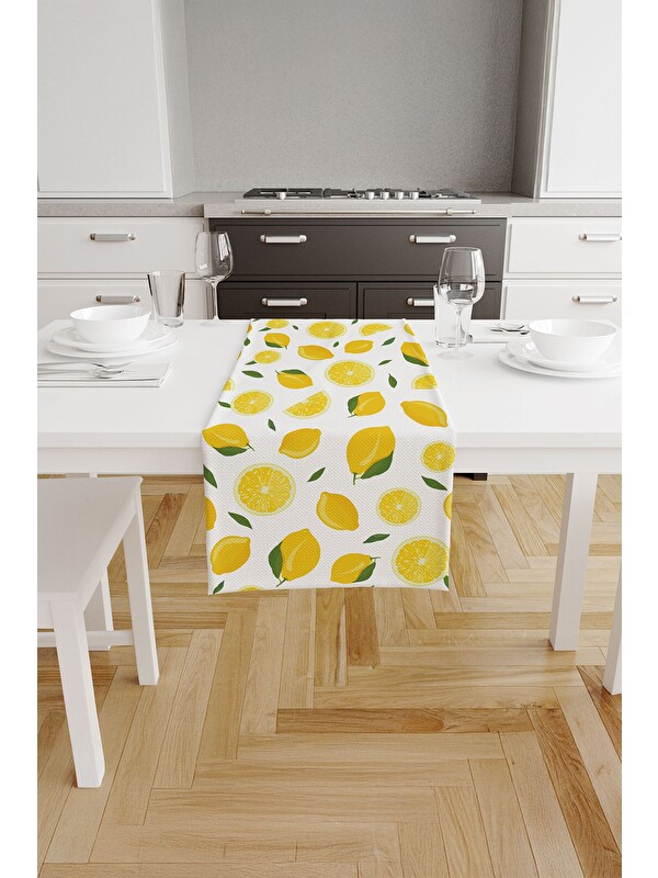 Asdiva Limora Yeşil Yaprağında Limon Desenli Runner – Sarı/Yeşil/Beyaz  40x140 cm