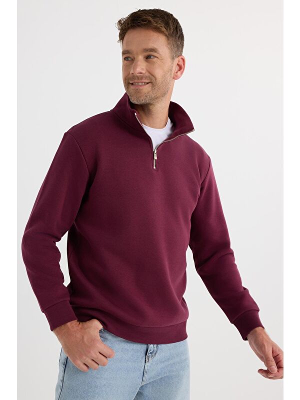 TUDORS Unisex Relax Fit Rahat Kesim Pamuklu İçi Polarlı Yarım Fermuarlı Bordo Dik Yaka Sweatshirt