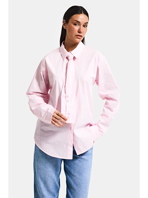 It's Basic Kadın Pembe Oversize Kravat Detaylı Özel Tasarım Bol Kesim Gömlek