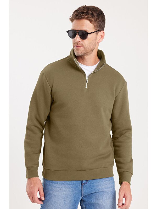 TUDORS Unisex Relax Fit Rahat Kesim Pamuklu İçi Polarlı Yarım Fermuarlı Haki Dik Yaka Sweatshirt