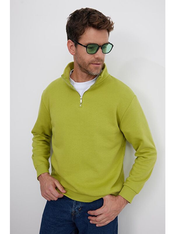 TUDORS Unisex Relax Fit Rahat Kesim Pamuklu İçi Polarlı Yarım Fermuarlı Yeşil Dik Yaka Sweatshirt