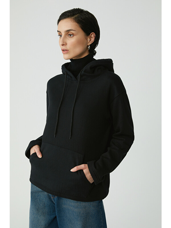 ETHIQUET PIPER Kadın Içi Polarlı Yumuşacık Comfort Fit Kapüşonlu Kanguru Cepli SİYAH Sweatshirt
