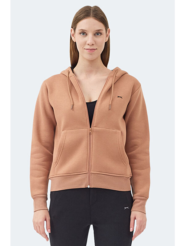 SLAZENGER MILIO I Kadın Fermuarlı Kapüşonlu Cepli Camel Sweatshırt