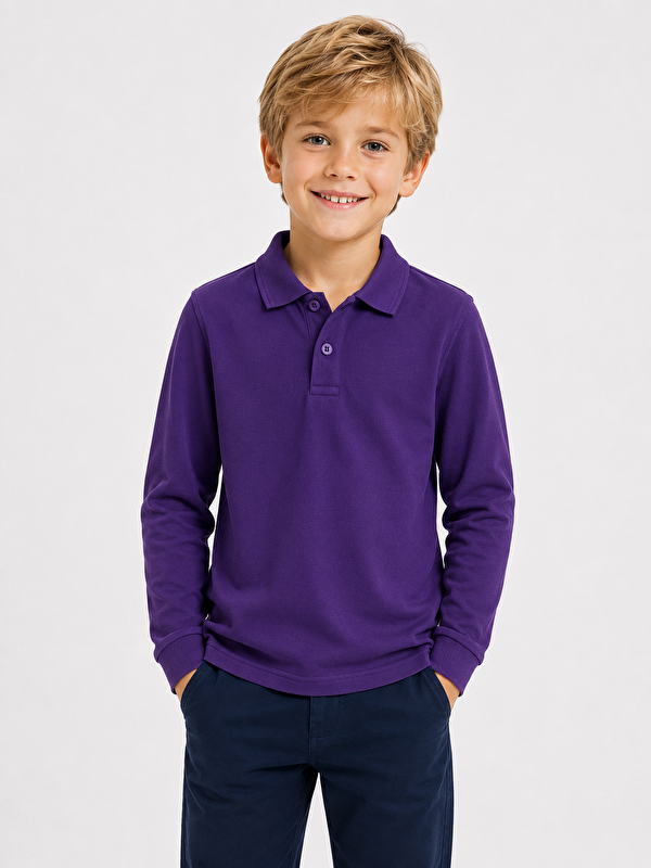 ajn Kids Polo Yaka Basic Uzun Kollu Unisex Erkek Çocuk Tişört