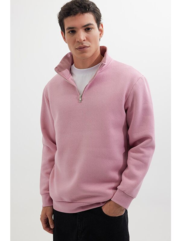 TUDORS Unisex Relax Fit Rahat Kesim Pamuklu İçi Polarlı Yarım Fermuarlı Lila Dik Yaka Sweatshirt