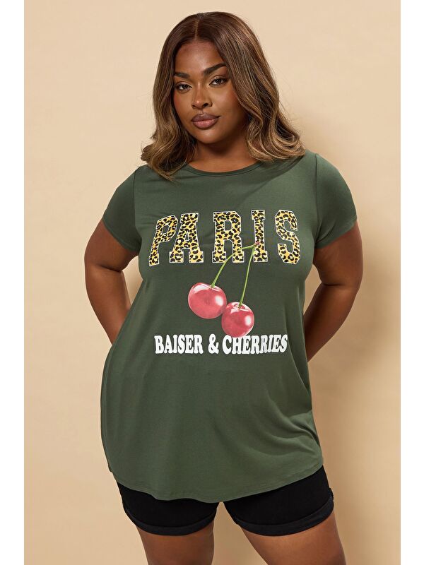 Stil Diva Büyük Beden Bisiklet Yaka Kısa Kollu Parlak Baskılı T-shirt 304175