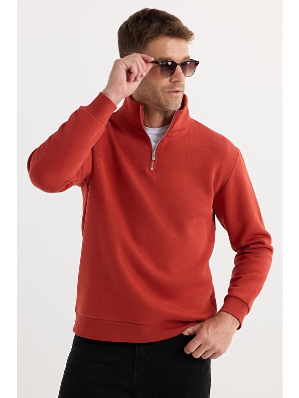 TUDORS Unisex Relax Fit Rahat Kesim Pamuklu İçi Polarlı Yarım Fermuarlı Kırmızı Dik Yaka Sweatshirt