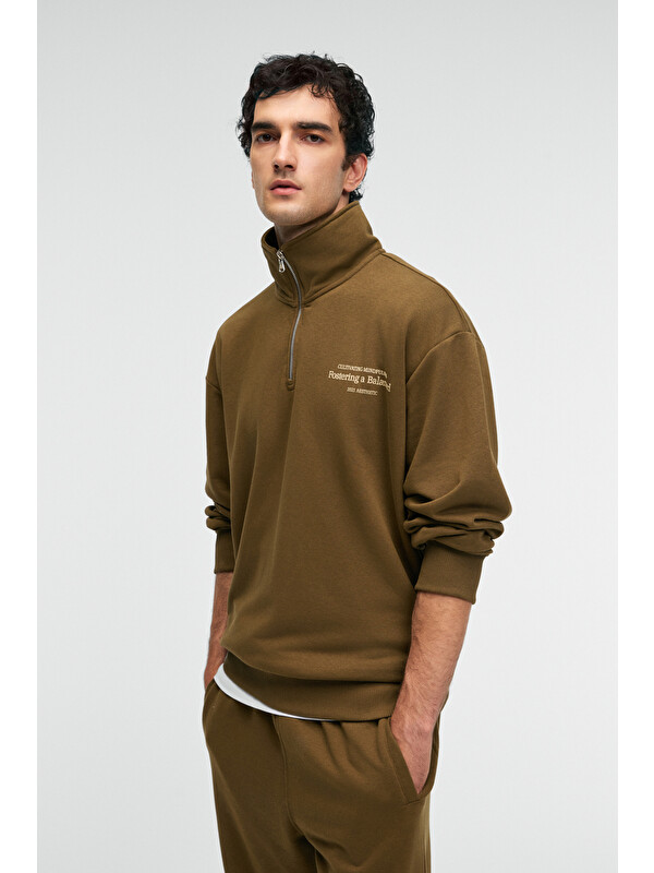 GRIMELANGE BRAM Erkek %100 Pamuk Dik Yakalı Yarım Fermuarlı Baskılı HAKİ Sweatshirt