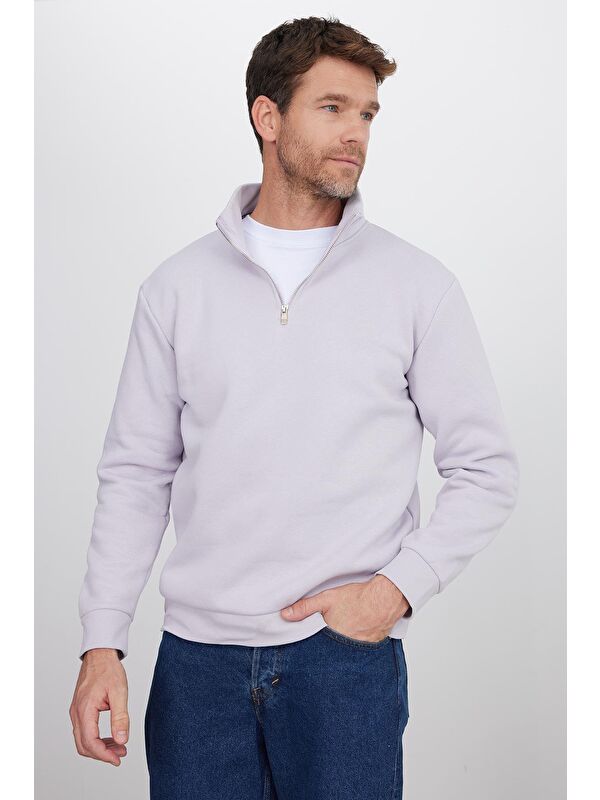 TUDORS Unisex Relax Fit Rahat Kesim Pamuklu İçi Polarlı Yarım Fermuarlı Lila Dik Yaka Sweatshirt