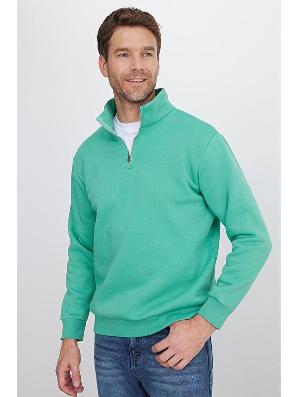 TUDORS Unisex Relax Fit Rahat Kesim Pamuklu İçi Polarlı Yarım Fermuarlı Yeşil Dik Yaka Sweatshirt