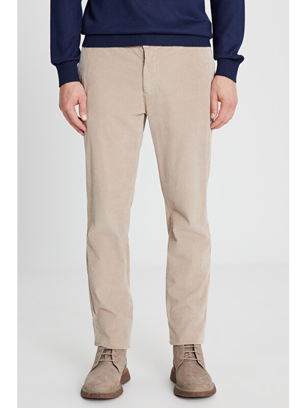 Altınyıldız Classics Erkek Bej Pamuklu Slim Fit Dar Kesim Yan Cep Kadife Esnek Casual Pantolon