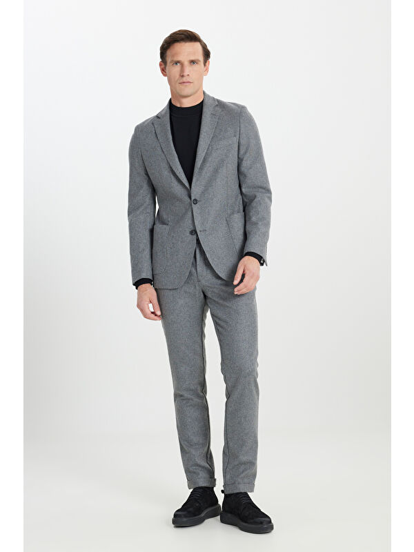 Altınyıldız Classics Erkek Gri Yünlü Slim Fit Dar Kesim Mono Yaka Beli Bağlamalı Torba Cepli Takım Elbise