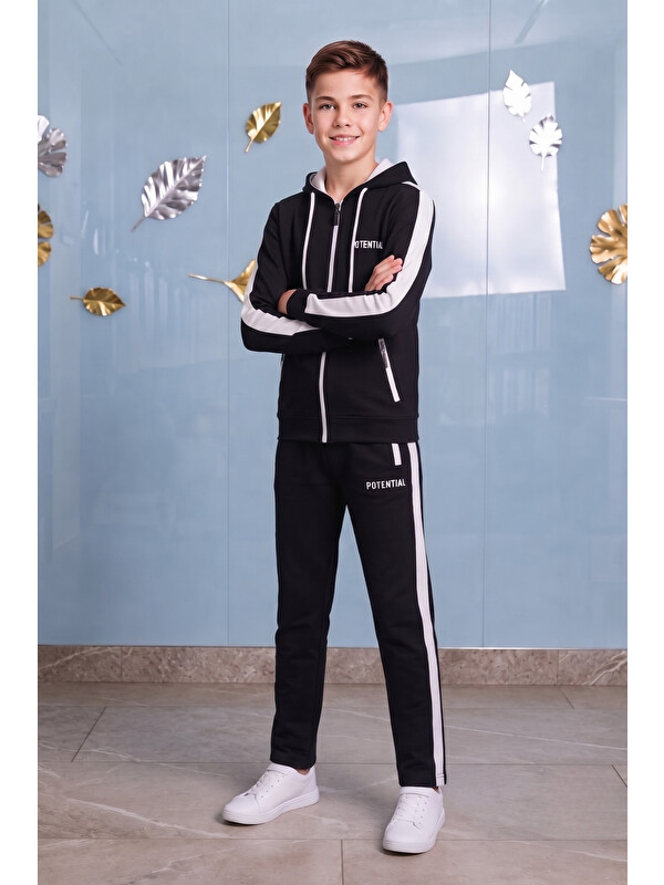 Pina Kids Erkek Çocuk Potential Kalın Şeritli Kapüşonlu Düz Paça Dalgıç Kumaş Eşofman Takımı ESF7017
