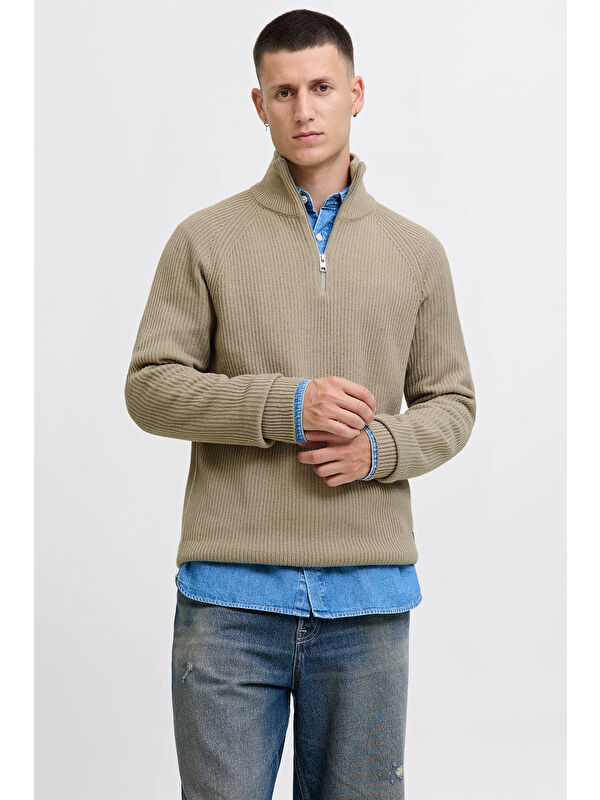 Jack & Jones Jjpannel Pamuk Karışımlı Regular Fit Yarım Fermuarlı Dik Yaka Kazak 12278919