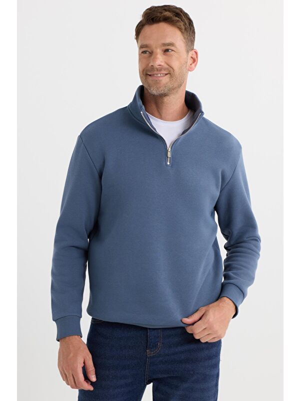 TUDORS Unisex Relax Fit Rahat Kesim Pamuklu İçi Polarlı Yarım Fermuarlı Mavi Dik Yaka Sweatshirt