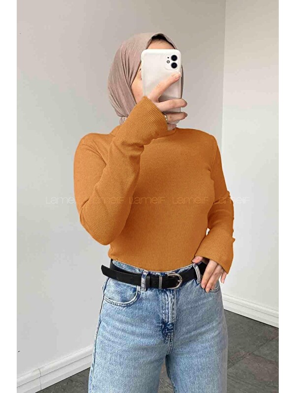 Lamelif Balıkçı Yaka Fitilli Body Camel