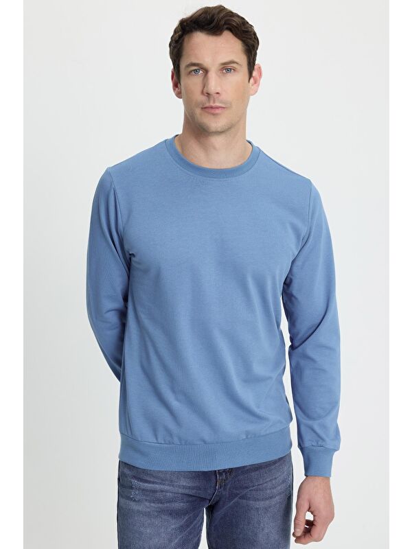 TUDORS Erkek Relax Fit Rahat Kesim %100 Pamuk 2 İplik Bisiklet Yaka Mavi Sweatshirt
