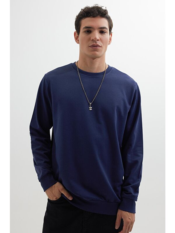 TUDORS Erkek Relax Fit Rahat Kesim %100 Pamuk 2 İplik Bisiklet Yaka Lacivert Sweatshirt