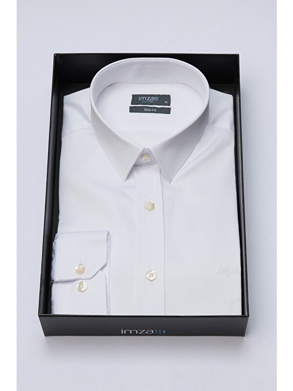 İMZA Beyaz Sert Yaka Cepsiz Slim Fit Classic Pamuklu Gömlek 1004255324