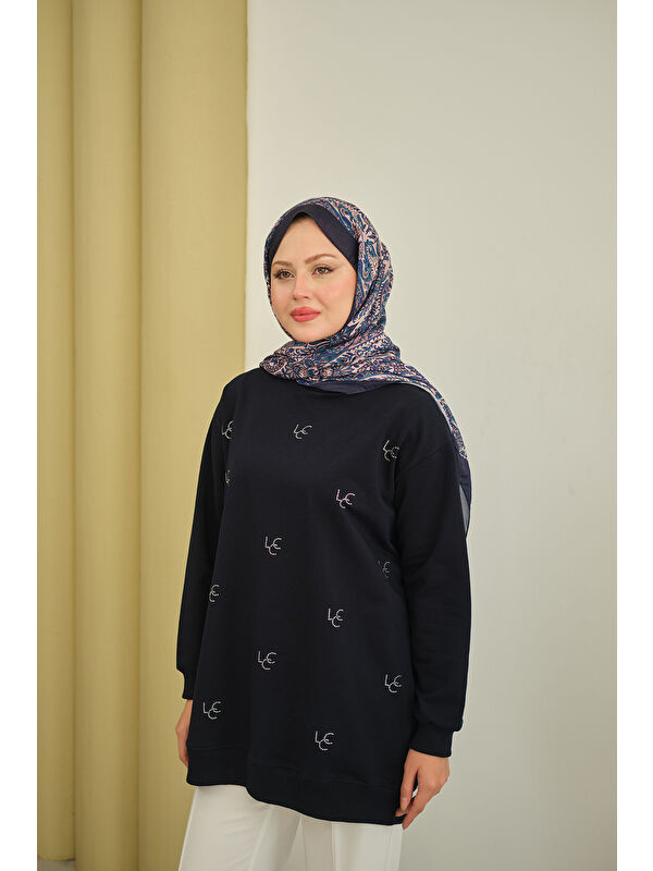 Locco Moda Kadın LCC Taş Detay Bisiket Yaka Sweat Lacivert