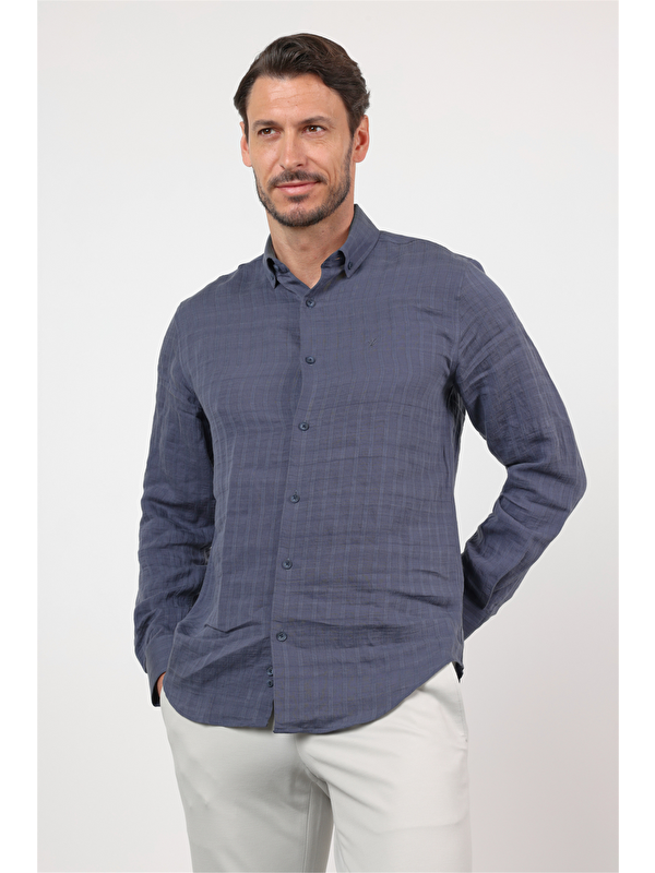 İMZA İndigo Düğmeli Yaka Uzun Kol Cepsiz Slim Fit Gömlek 1004260165