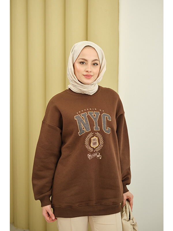 Locco Moda Kadın NYC Baskılı Sweat Kahverengi