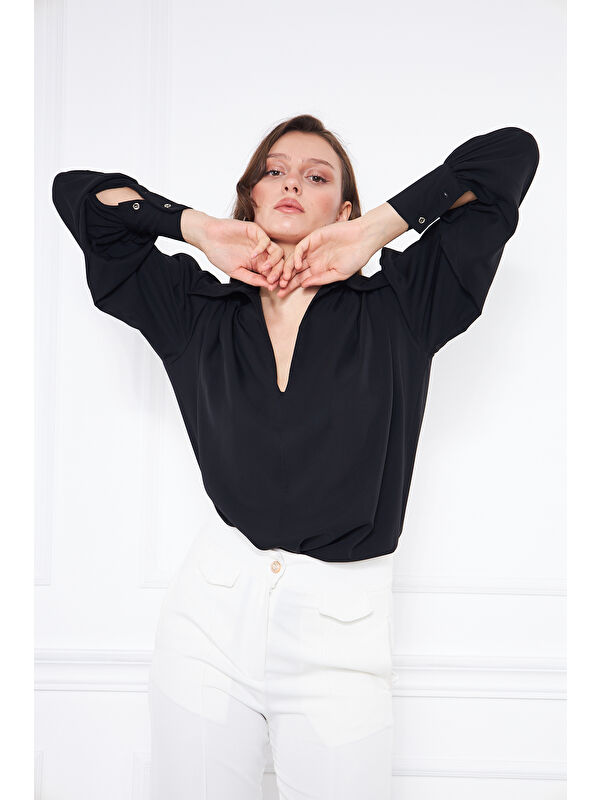 Comstar Kadın Trend Balon Kol Oversize Siyah Bluz Gömlek