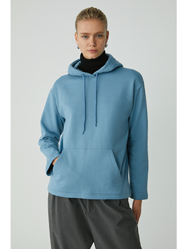 ETHIQUET PIPER Kadın Içi Polarlı Yumuşacık Comfort Fit Kapüşonlu Kanguru Cepli MAVİ Sweatshirt