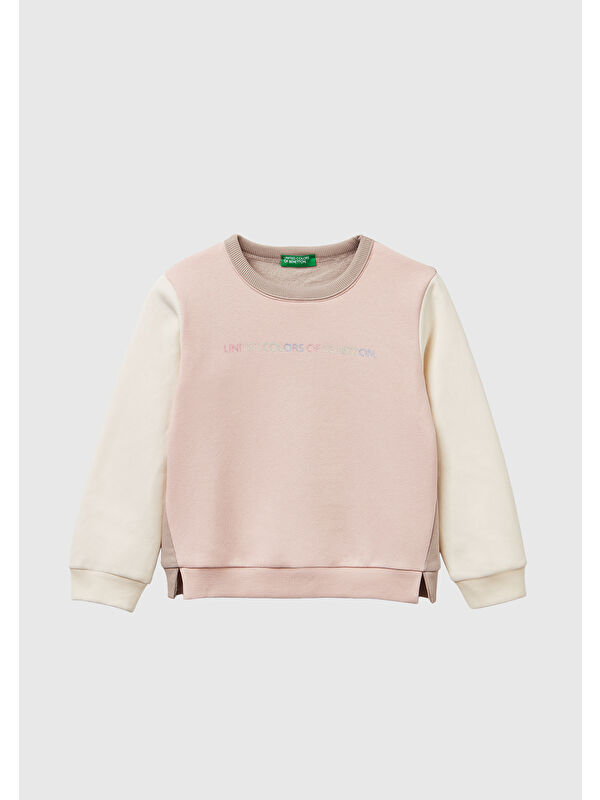 United Colors Of Benetton Kız Çocuk Pembe-Ekru Renk Bloklu Simli Logo Baskılı Yırtmaçlı Şardonlu Sweatshirt