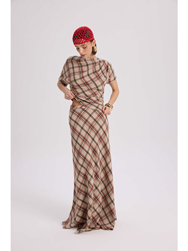 Mai Collection Petunya Ekoseli Turuncu Crop Etek Takım