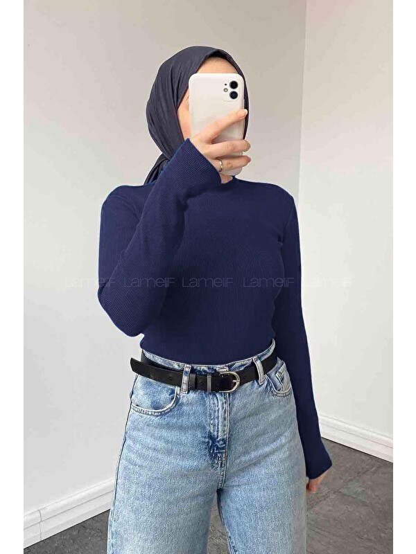 Lamelif Balıkçı Yaka Fitilli Body Lacivert
