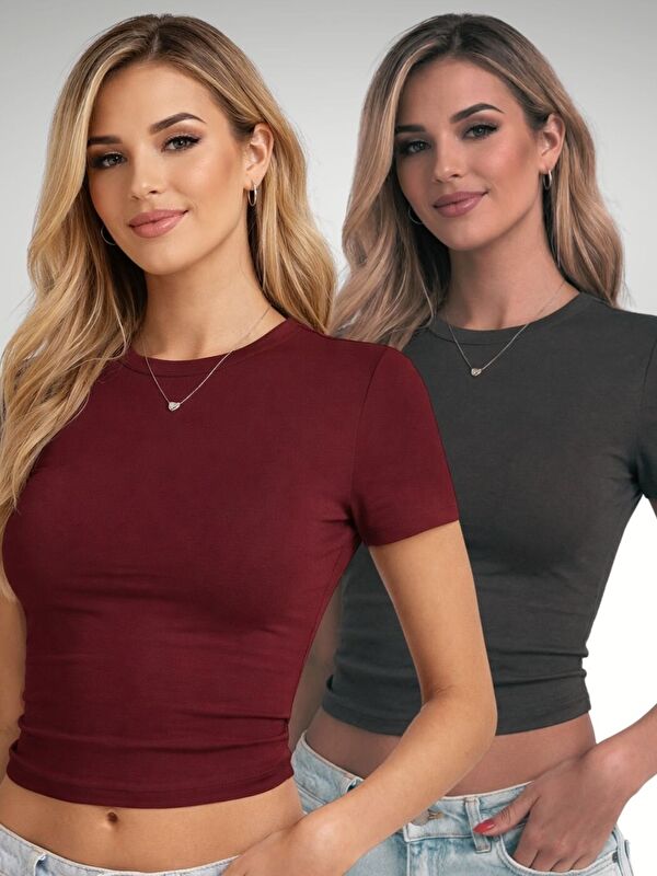 Trendseninle 2Li Bordo Füme Bisiklet Yaka Basic Kısa Kollu Body