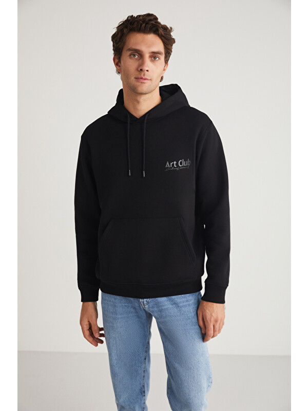 GRIMELANGE ANDREAS Erkek Kapüşonlu İçi Polarlı Baskı Detaylı SİYAH Sweatshirt