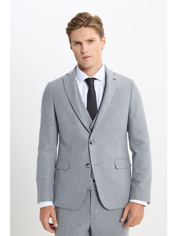 Altınyıldız Classics Erkek Gri Slim Fit Dar Kesim Mono Yaka Desenli Yelekli Takım Elbise