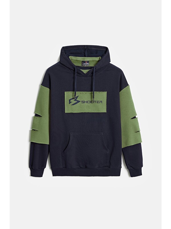 Shooter Sportswear Lacivert - Haki Erkek Oversize Kapüşonlu Baskılı Kanguru Cepli Sweatshirt