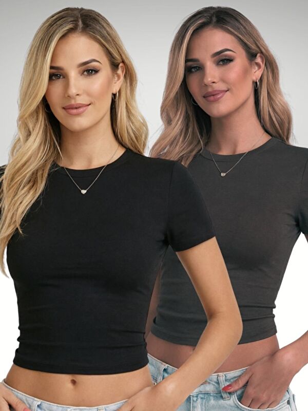 Trendseninle 2Li Siyah Füme Bisiklet Yaka Basic Kısa Kollu Body